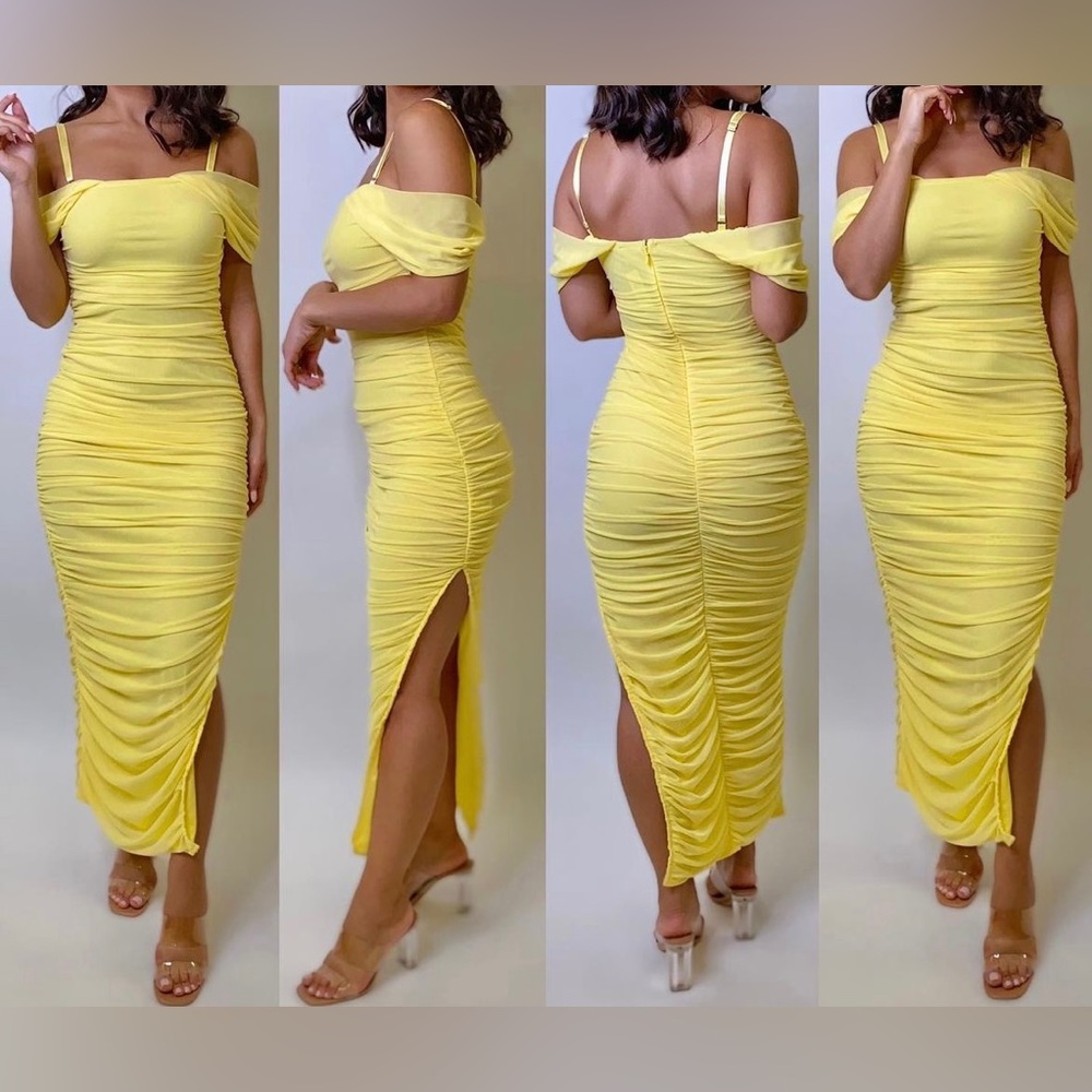 Yellow Ruched Off Shoulder Midi Dress with Side Slit Size Large